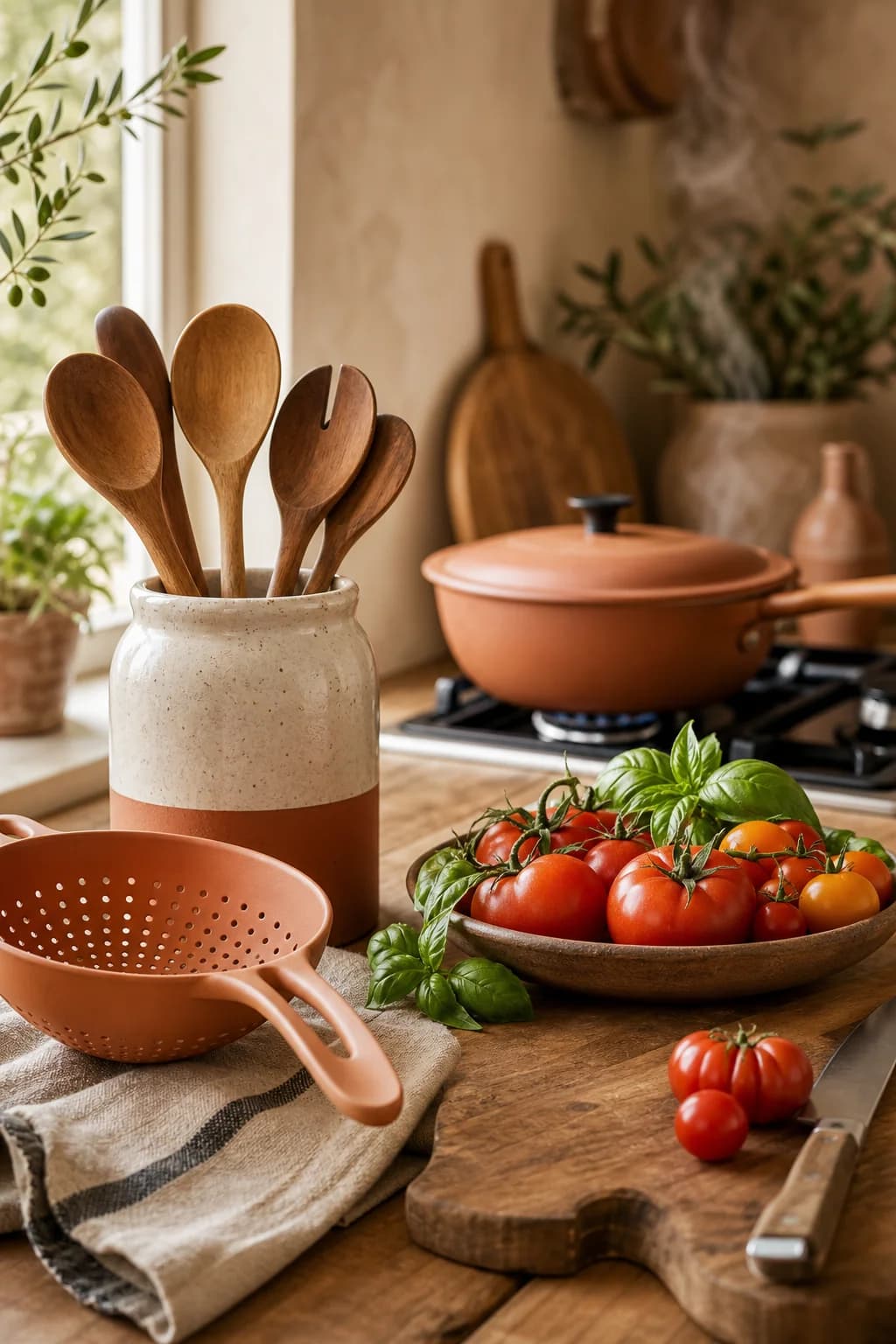 A cosy kitchen counter with wooden spoons, a terracotta strainer and fresh tomatoes