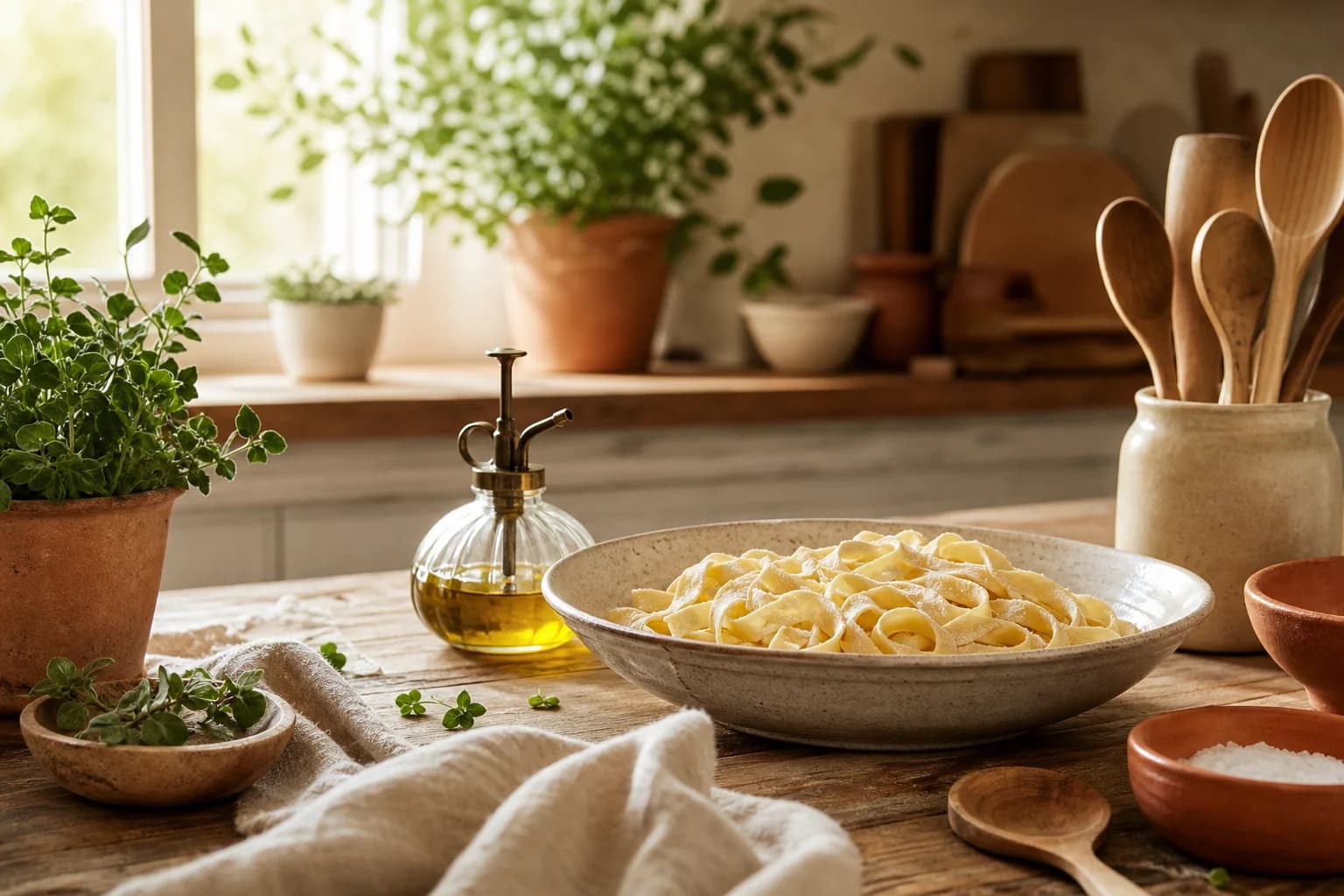 A warm home kitchen table with fresh pasta, herbs, wooden spoons and an oil sprayer